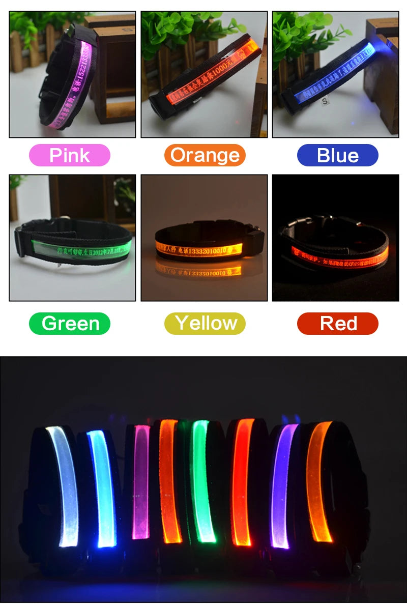 Engraved ID LED Dog Collar Luminous USB Custom Dog Tag Personalized Nylon Pet Dog Collar Led USB Light Night Safety Collar Perro