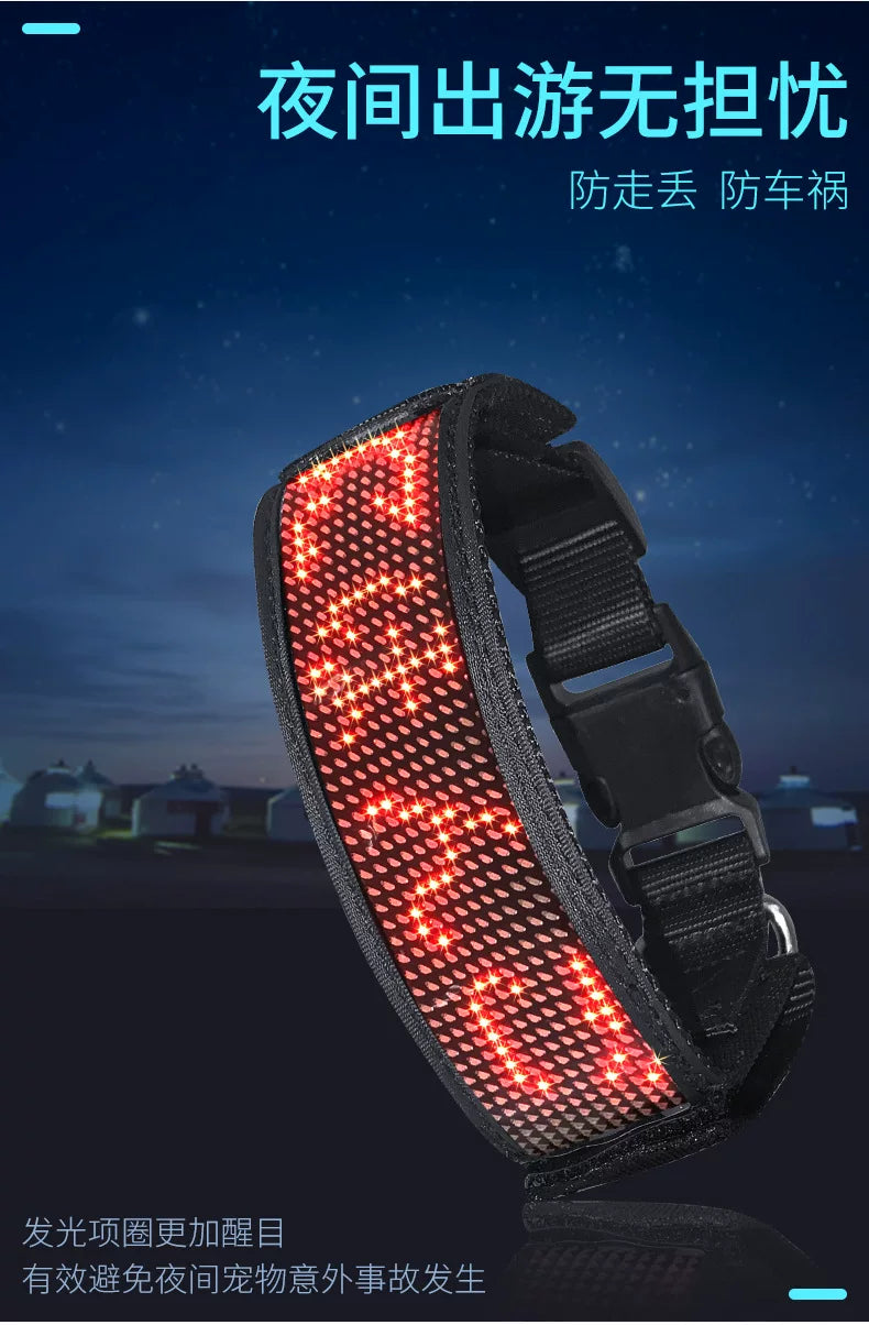 LED Light-Up Pet Dog Safety Collar Soft Personalized Glow-in-the-Dark Neck Loop with Programmable Flashing LED Animal Pattern