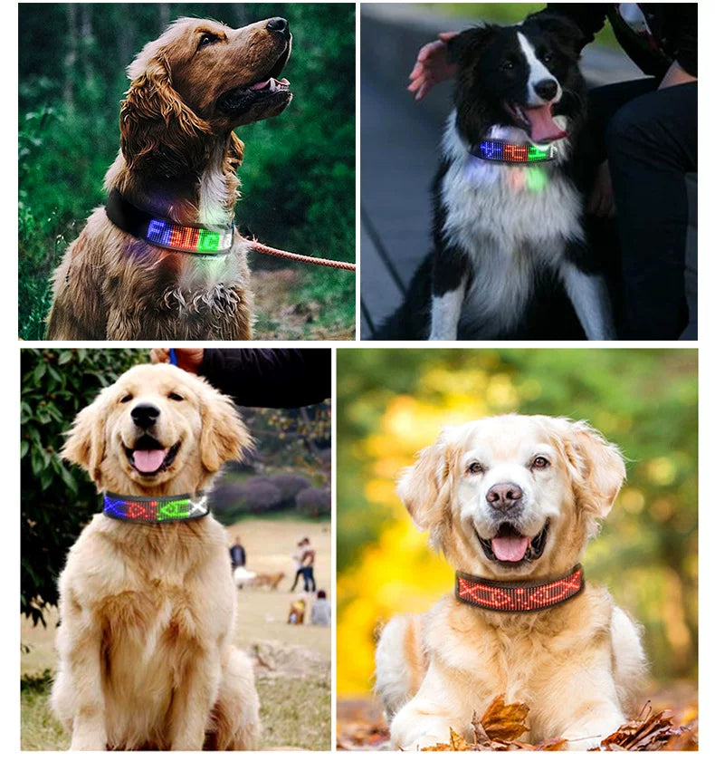 LED Light-Up Pet Dog Safety Collar Soft Personalized Glow-in-the-Dark Neck Loop with Programmable Flashing LED Animal Pattern