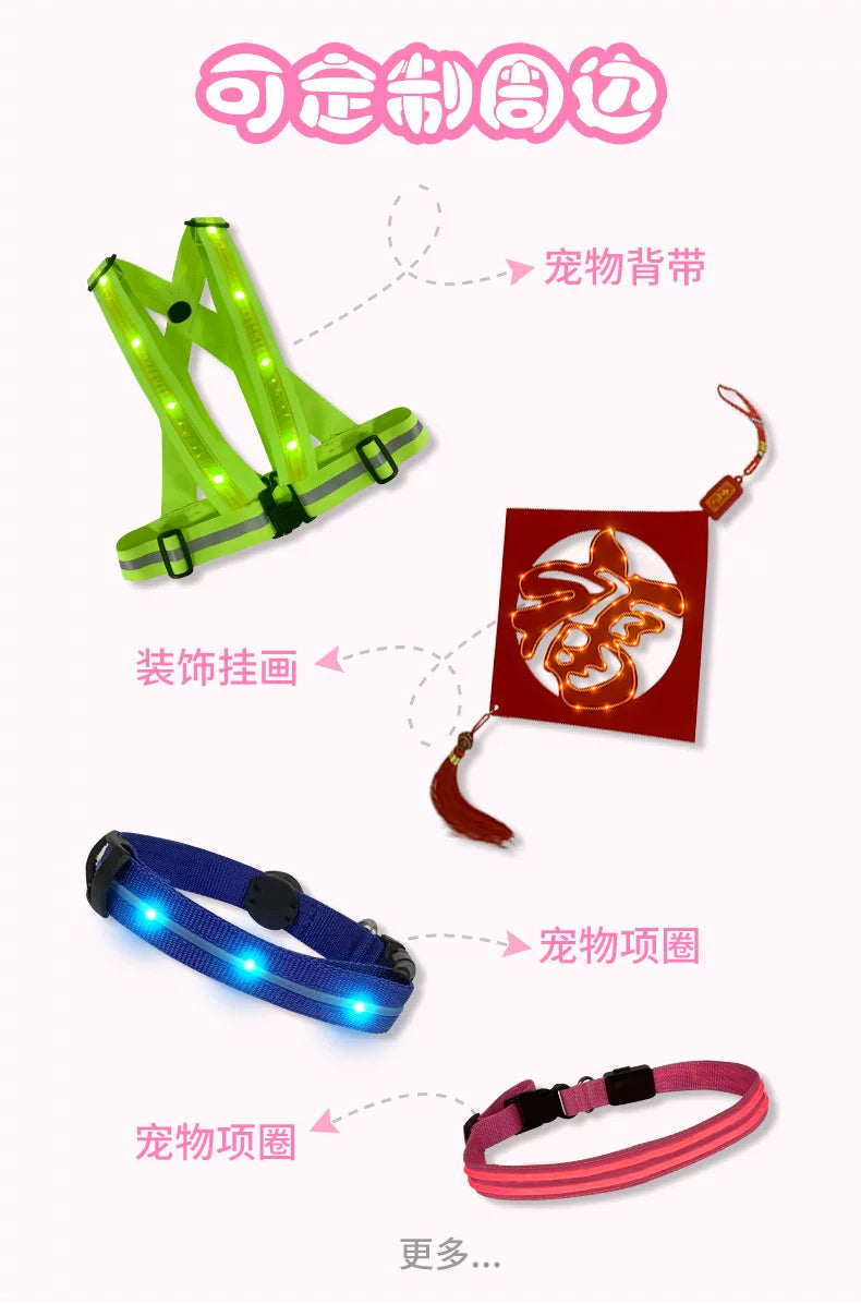 LED Light-Up Pet Dog Safety Collar Soft Personalized Glow-in-the-Dark Neck Loop with Programmable Flashing LED Animal Pattern