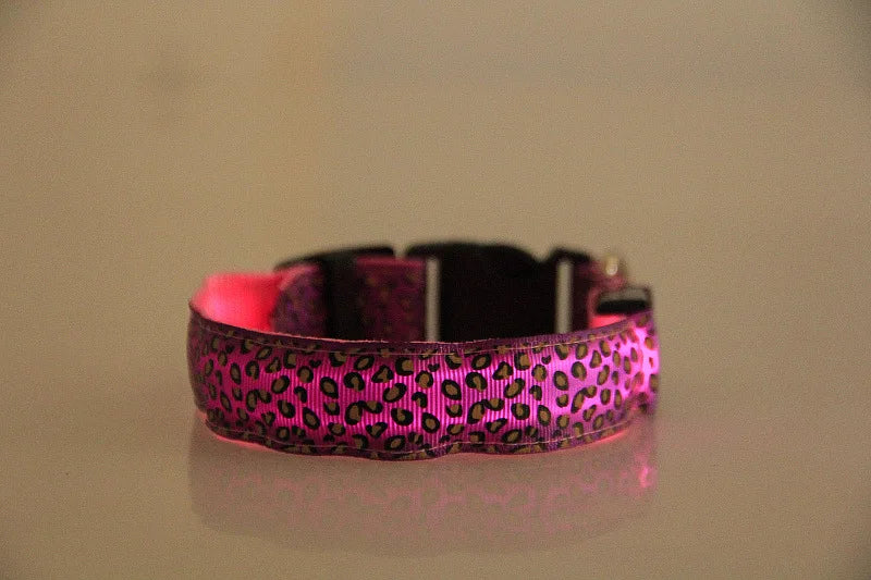 LED Dog Luminous Collar with Night Time USB Charging Anti Slip Warning Leopard Print Four Flashing Modes Collar for Dog Necklace