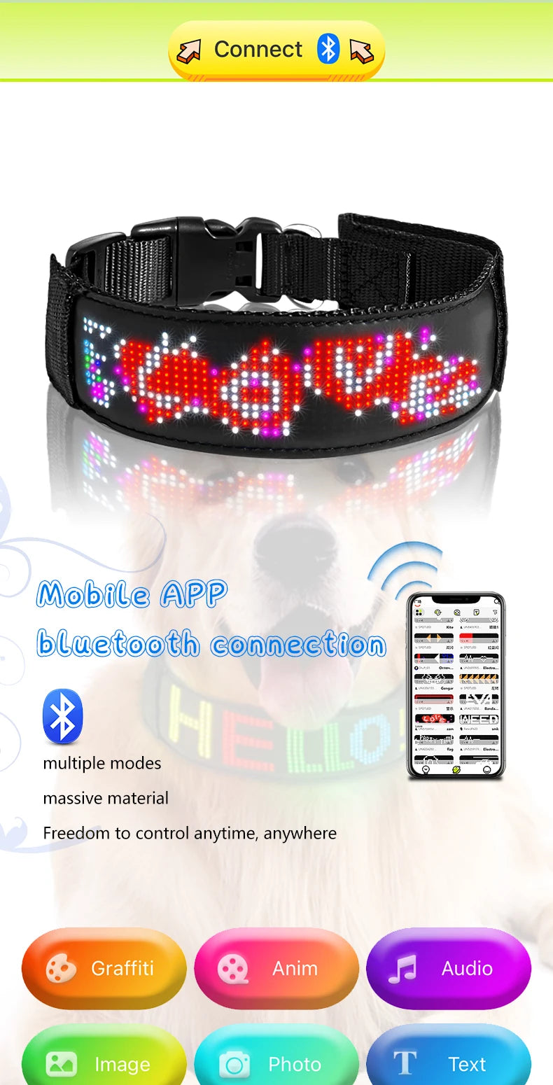 RGB Color LED Collar with Programmable LED Screen Scrolling Customized Text Animations Rechargeable Glowing LED Pet Dog Collars
