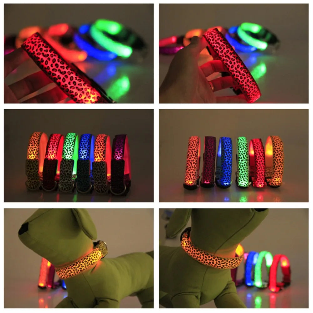 LED Dog Luminous Collar with Night Time USB Charging Anti Slip Warning Leopard Print Four Flashing Modes Collar for Dog Necklace