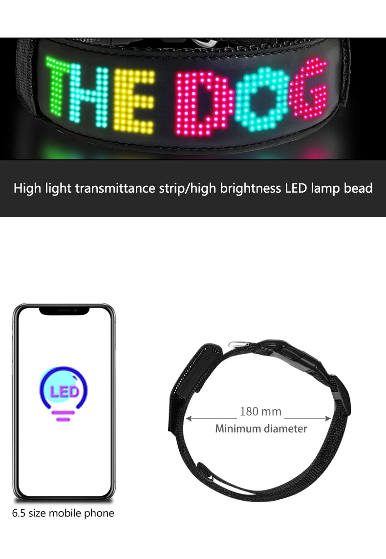 RGB Color LED Collar with Programmable LED Screen Scrolling Customized Text Animations Rechargeable Glowing LED Pet Dog Collars