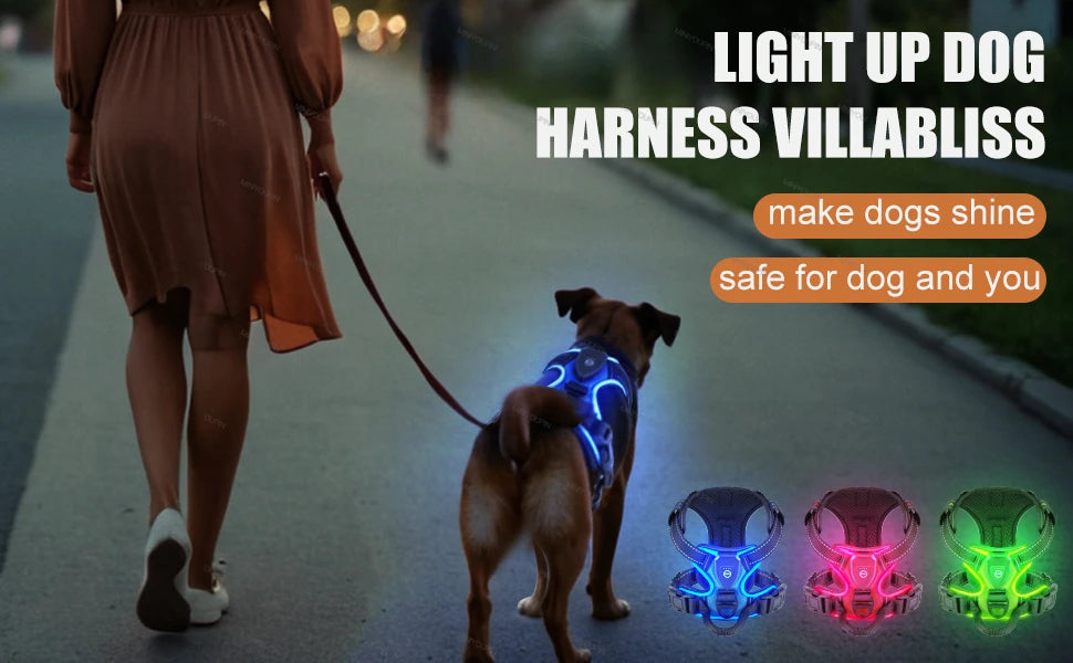 LED Glowing Luminous Dog Harness Rechargeable Safety Vest For Night Walking 3 Light Modes Pet Harnesses
