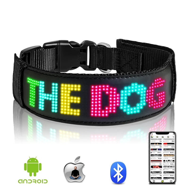 RGB Color LED Collar with Programmable LED Screen Scrolling Customized Text Animations Rechargeable Glowing LED Pet Dog Collars