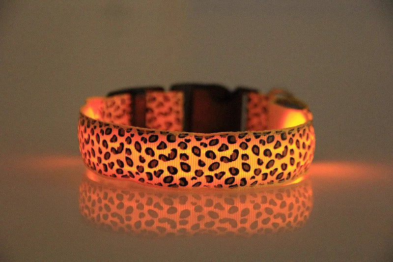 LED Dog Luminous Collar with Night Time USB Charging Anti Slip Warning Leopard Print Four Flashing Modes Collar for Dog Necklace