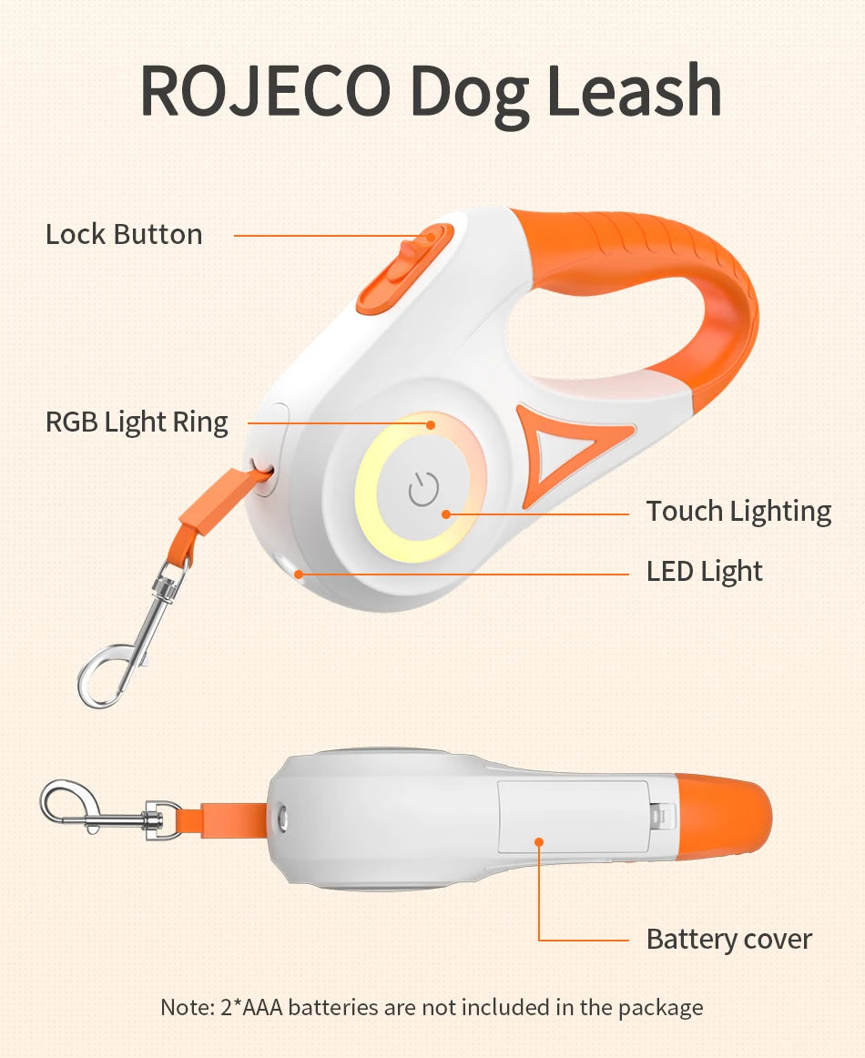 ROJECO Automatic Retractable Dog Leash LED Luminous Leading Fashion Light Straps For Dog Puppy Pet Flexi Walking Running Lead