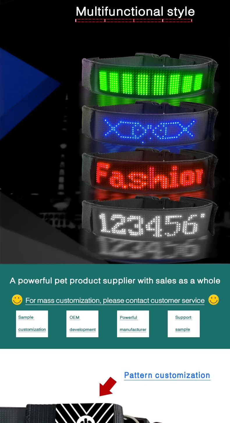 LED Light UP Dog Collar Bluetooth APP Programmable Message Scrolling LED Display Screen Pet Accessories Collar