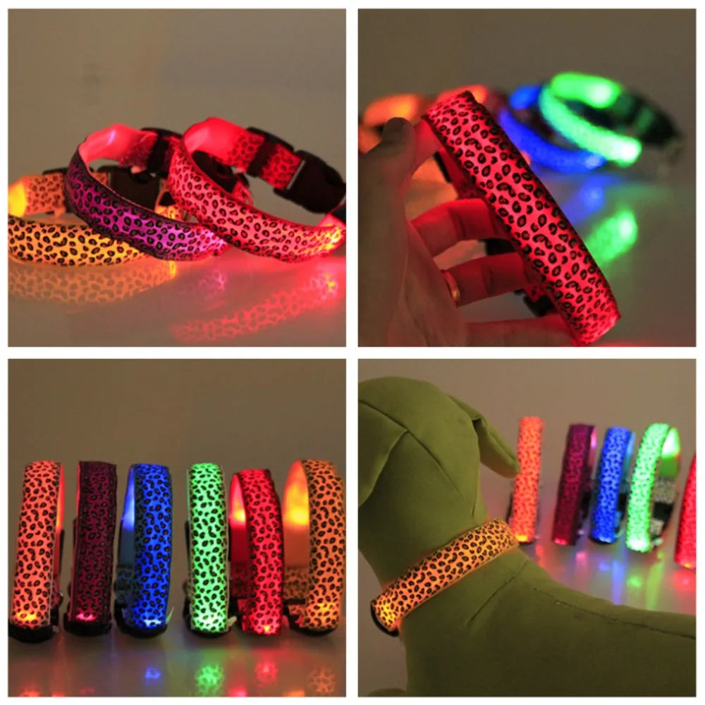 LED Dog Luminous Collar with Night Time USB Charging Anti Slip Warning Leopard Print Four Flashing Modes Collar for Dog Necklace