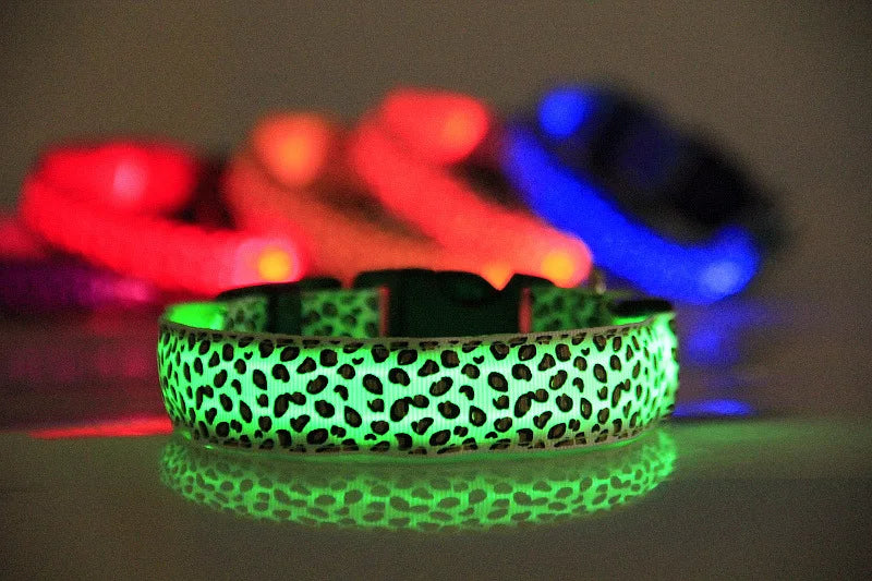 LED Dog Luminous Collar with Night Time USB Charging Anti Slip Warning Leopard Print Four Flashing Modes Collar for Dog Necklace