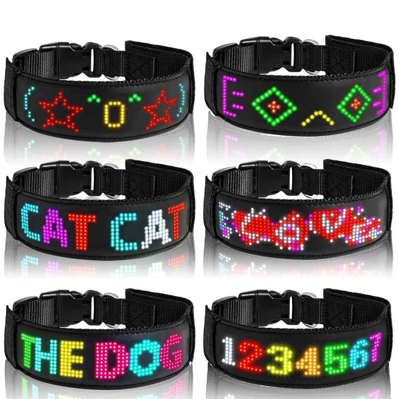 RGB Color LED Collar with Programmable LED Screen Scrolling Customized Text Animations Rechargeable Glowing LED Pet Dog Collars