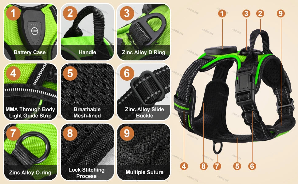 LED Glowing Luminous Dog Harness Rechargeable Safety Vest For Night Walking 3 Light Modes Pet Harnesses