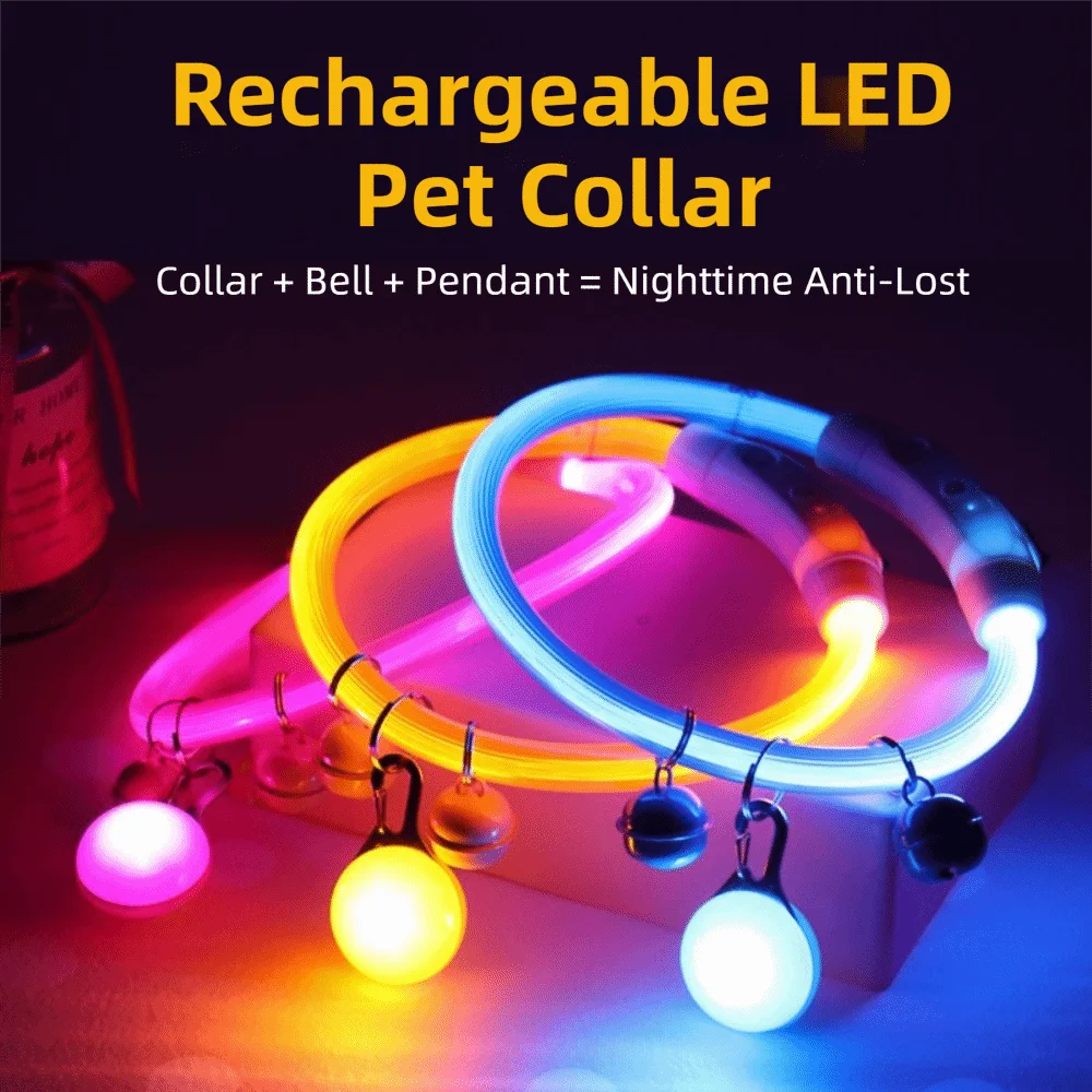Adjustable Size LED Dog Collar Multi-Color Light Detachable Pendant Luminous Dog Collar Bright LED PVC Material Pet Light Collar