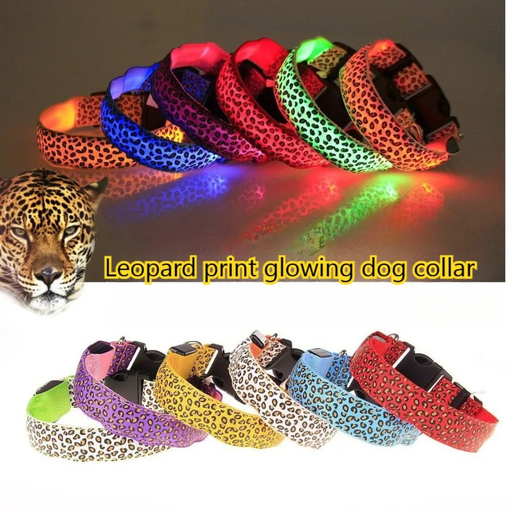 LED Dog Luminous Collar with Night Time USB Charging Anti Slip Warning Leopard Print Four Flashing Modes Collar for Dog Necklace