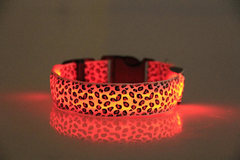 LED Dog Luminous Collar with Night Time USB Charging Anti Slip Warning Leopard Print Four Flashing Modes Collar for Dog Necklace