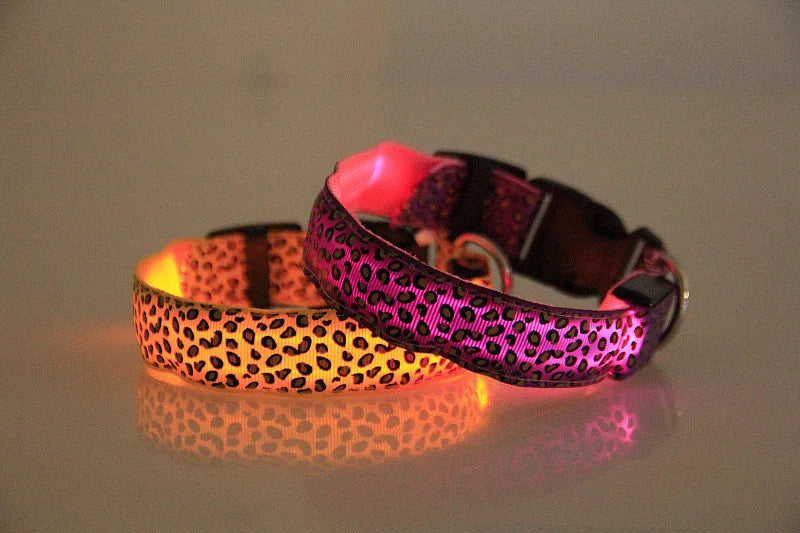LED Dog Luminous Collar with Night Time USB Charging Anti Slip Warning Leopard Print Four Flashing Modes Collar for Dog Necklace