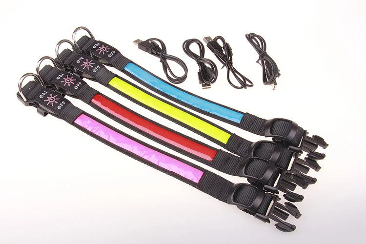 Pinkycolor USB Charging LED Dog Collar Luminous Light Night Safety Reflective Leather Glowing Collar For Dogs Pets Rechargeable