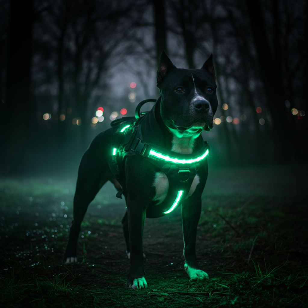 Black Pit Bull with White Chest wearing LED Vest Harness