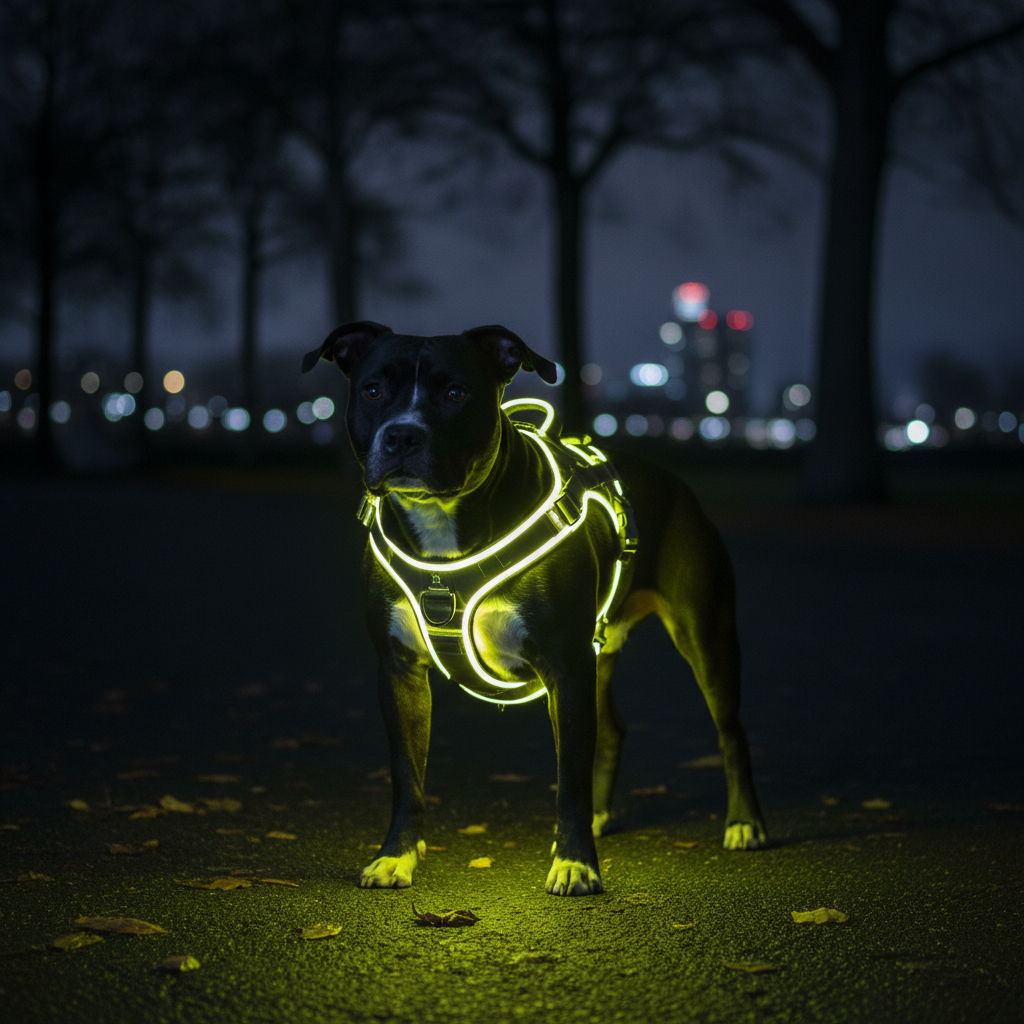 Black Pit Bull with White Chest wearing Neon Yellow LED Dual-Clip Harness