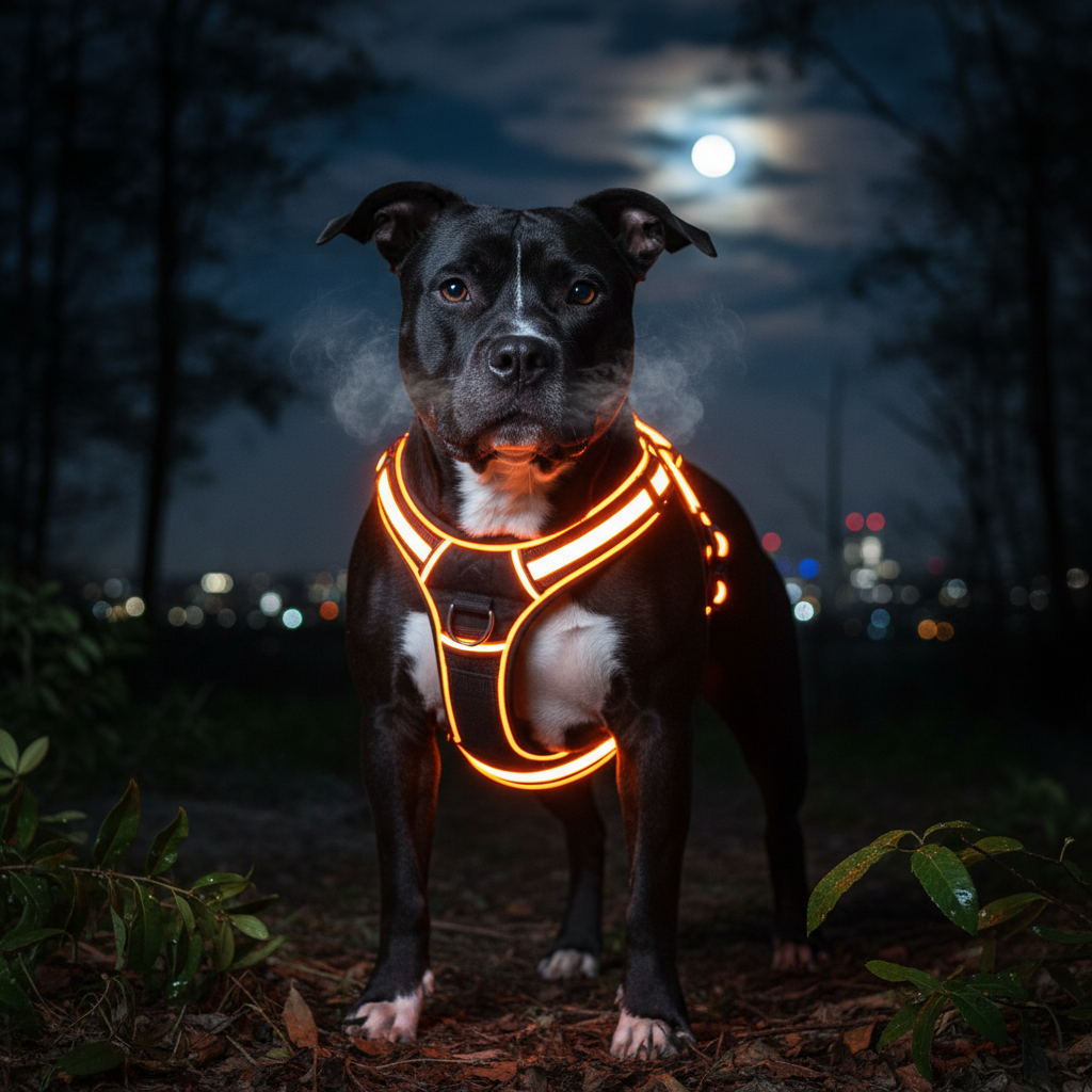 Black Pit Bull wearing Neon Orange LED Dog Harness